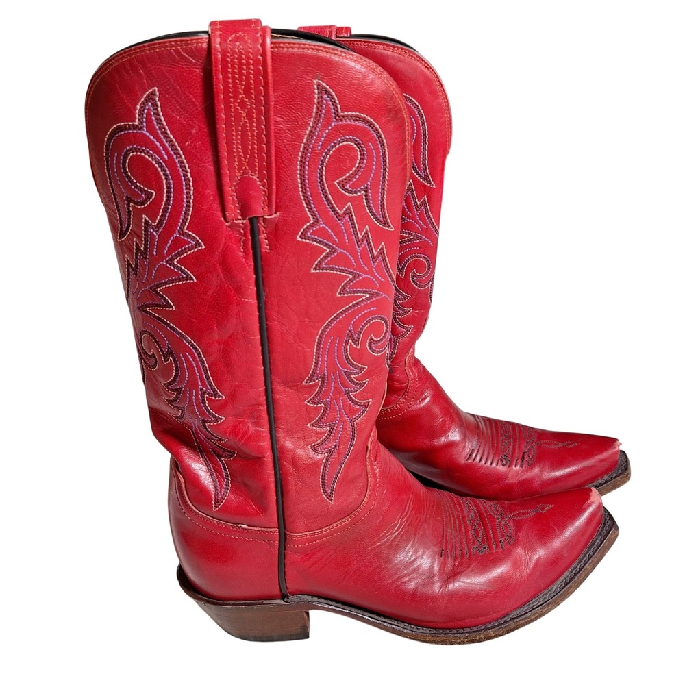 Lucchese 1889 Snip Toe Red Leather Blue Stitch Western Boot Womens 8